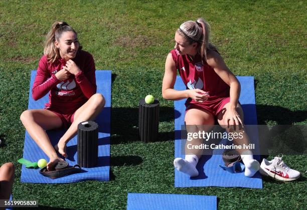 Olga Carmona and Alexia Putellas of Spain warm up during a Spain training session during the the FIFA Women's World Cup Australia & New Zealand 2023...