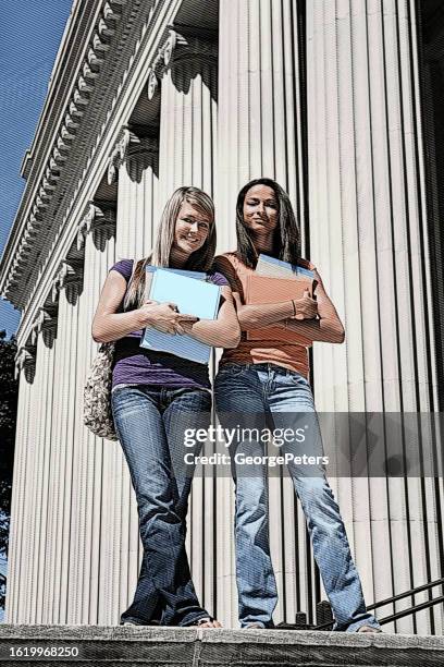 best friends female students on campus - stem college stock illustrations