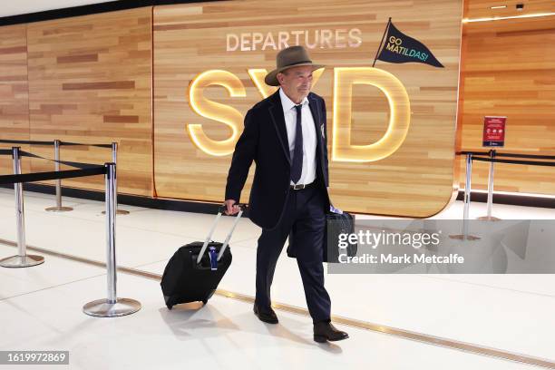 Wallabies head coach Eddie Jones heads to departures at Sydney International Airport on August 17, 2023 in Sydney, Australia.