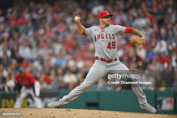 Chris Devenski of the Los Angeles Angels throws a pitch during the sixth inning against the Cleveland Guardians at Progressive Field on May 13, 2023...