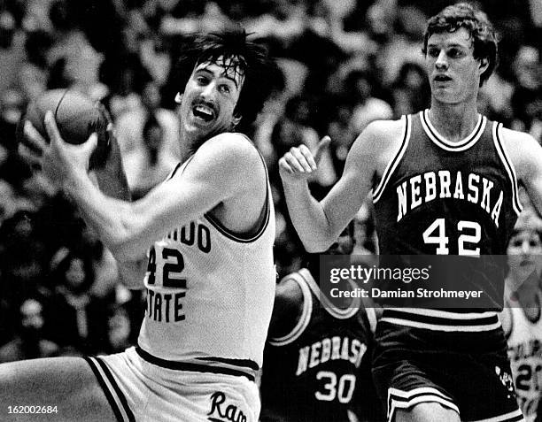 Mike Gray got this first half rebond from Nebraska's/Dave Hoppen but Nebraska got the Rams behind Hoppens 30 plus points.;