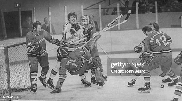 Denver Spurs ; Spurs, Bucks Make Mayhem; Connie Forey of Denver Spurs appears to be roughing things up a bit while surrounded by Portland players in...