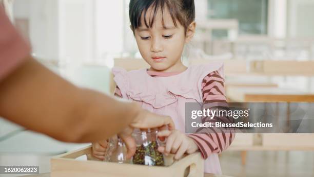 preschool girl pouring beans in jar, practical life skill, preliminary exercises in montessori education school - qualifying school stock pictures, royalty-free photos & images