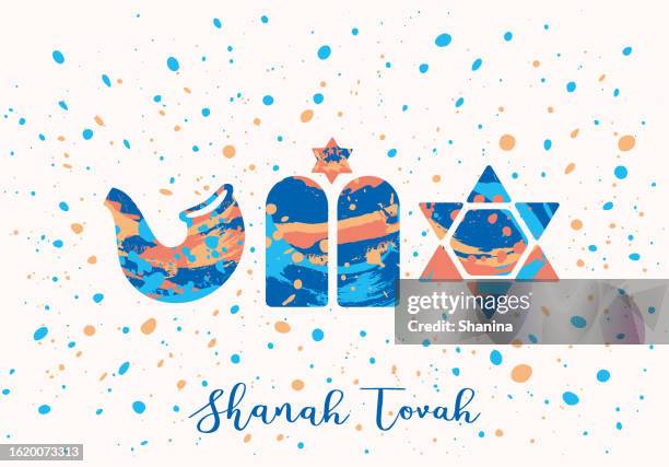 splattered paint rosh hashanah greeting card - blue - shofar stock illustrations