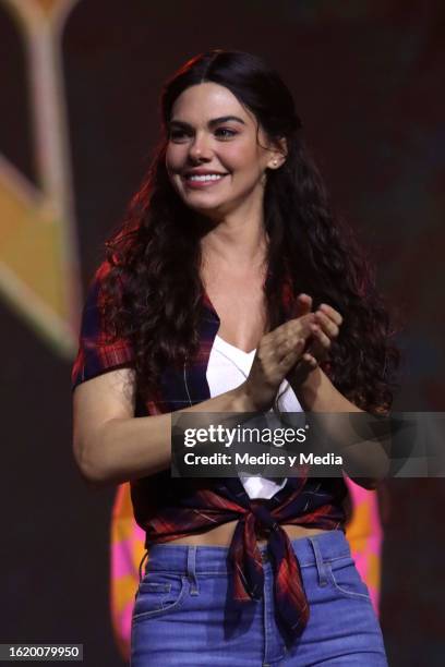 Livia Brito smiles during the "Minas de Pasión" presentation at Televisa San Angel on August 16, 2023 in Mexico City, Mexico.