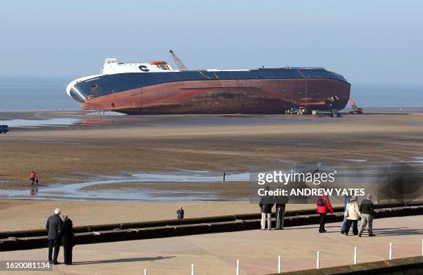 Stricken ferry 'Riverdance' sits on a sandbank for its 13th day on the north shore in Blackpool, north-west England, on February 17, 2008. Twenty...