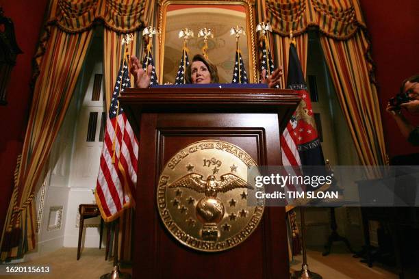 Speaker of the House Nancy Pelosi holds her weekly press conference 13 December, 2007 on Capitol Hill in Washington, DC. AFP PHOTO / TIM SLOAN