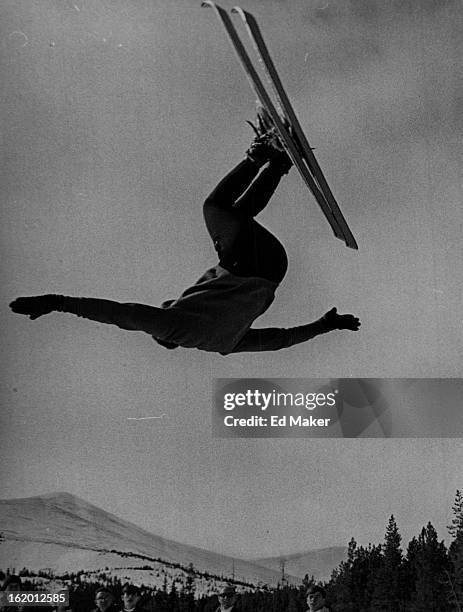 Berge, Trygve; spts. File 5p; At the top of a somersault om skis is Trygve Berge, Norwegian skiing champion and head instructor at the Breckenridge...