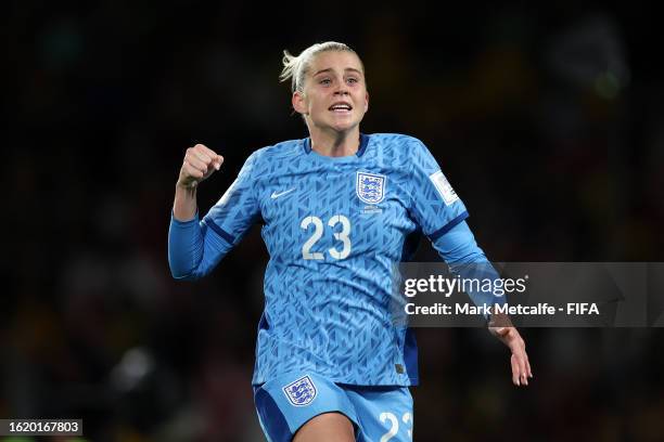 Alessia Russo of England celebrates after scoring her team's third goal during the FIFA Women's World Cup Australia & New Zealand 2023 Semi Final...