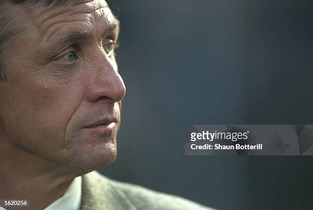 Portrait of ex Ajax player Johan Cruyff watching the Champions League Semi-Final second leg between Juventus and Ajax at the Stadio Della Alpi in...