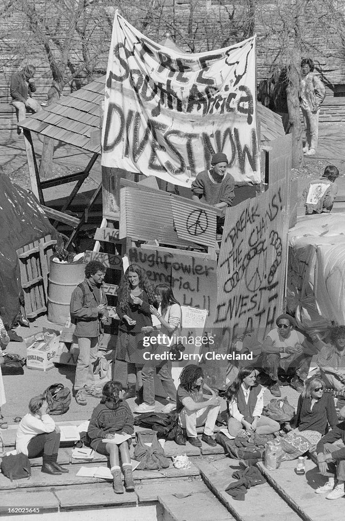 3/8/1988, MAR 9 188, APR 24 1988; Anti-apartheid protestors gather outside their shantytown built in