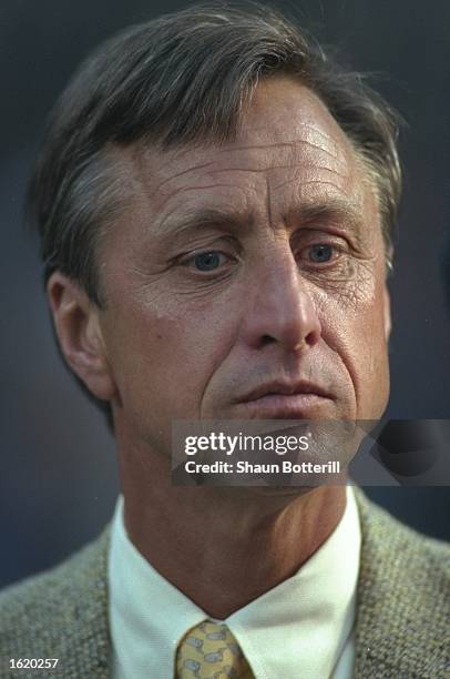 Portrait of ex Ajax player Johan Cruyff watching the Champions League Semi-Final second leg between Juventus and Ajax at the Stadio Della Alpi in...