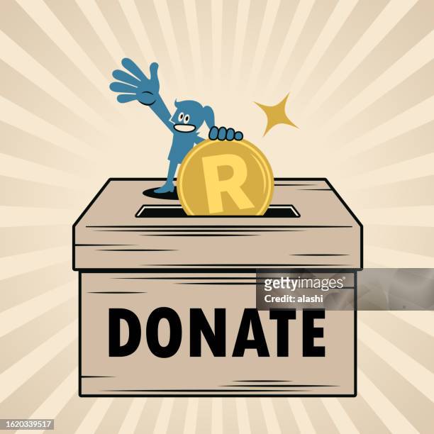 a smiling woman putting money into a big donation box - rand stock illustrations