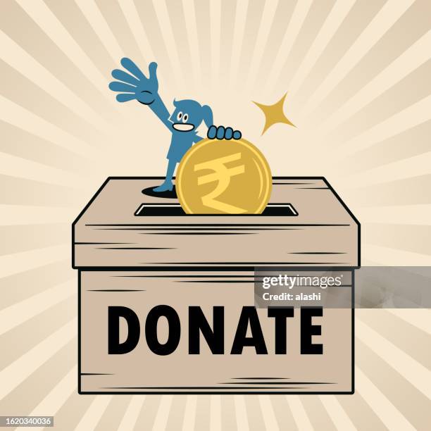 a smiling woman putting money into a big donation box - donation box stock illustrations