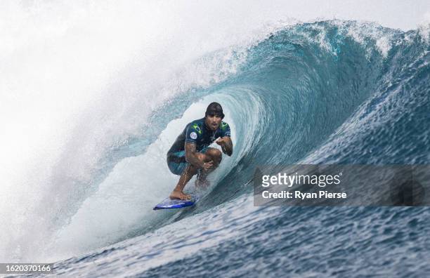 Gabriel Medina of Brazil surfs during the 2023 SHISEIDO Tahiti Pro on August 16, 2023 in Teahupo'o, French Polynesia.