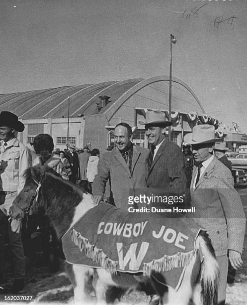 Wyoming Gov. Stan Hathaway, Left, Greeted On Arrival For Stock Show; Colorado Gov. John Love, center, and Willard Simms, stock show general manager,...