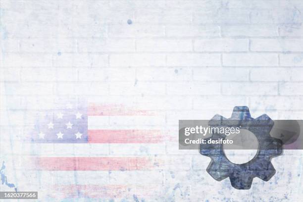one machine part wheel painted over grunge textured  bright horizontal grunge brick wall white background faded backdrop with a faint american flag suitable for labor's day poster - may day international workers day stock illustrations
