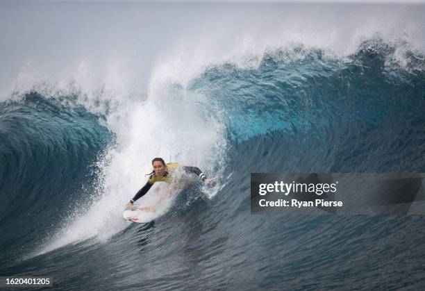 Carissa Moore of Hawaii surfs during their heat during the 2023 SHISEIDO Tahiti Pro on August 16, 2023 in Teahupo'o, French Polynesia.