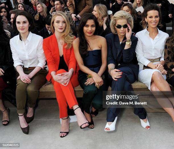 Michelle Dockery, Rosie Huntington-Whiteley, Freida Pinto, Rita Ora and Kate Beckinsale sit in the front row for the Burberry Prorsum Autumn Winter...