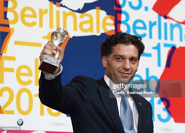 Award winner Danis Tanovic with his Silver Bear at the Award Winners press conference during the 63rd Berlinale International Film Festival at Grand...