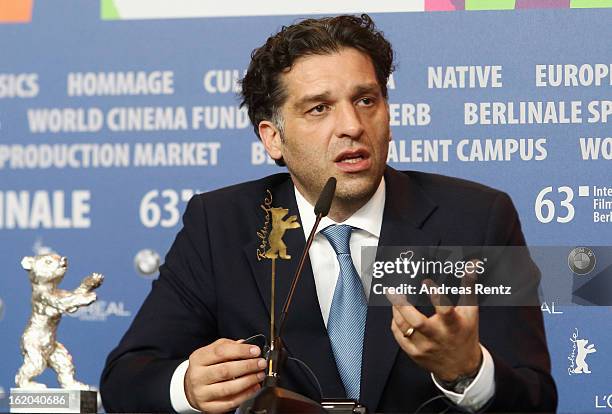 Award winner Danis Tanovic with his Silver Bear at the Award Winners press conference during the 63rd Berlinale International Film Festival at Grand...