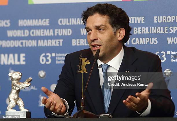 Award winner Danis Tanovic with his Silver Bear at the Award Winners press conference during the 63rd Berlinale International Film Festival at Grand...