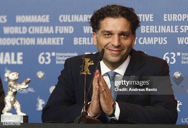 Award winner Danis Tanovic with his Silver Bear at the Award Winners press conference during the 63rd Berlinale International Film Festival at Grand...