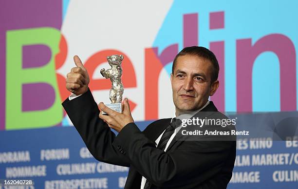 Nazif Mujic with his Silver Bear for the best actor award at the Award Winners press conference during the 63rd Berlinale International Film Festival...