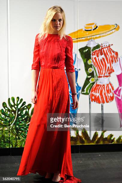 Organic jam seller Jenny Dawson poses wearing a dress by Beulah London at Somerset House during London Fashion Week F/W 2013 on February 18, 2013 in...