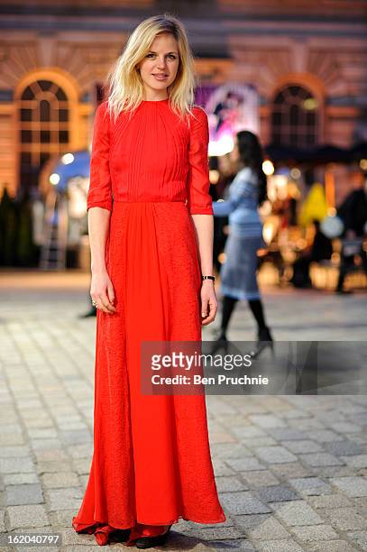 Organic jam seller Jenny Dawson poses wearing a dress by Beulah London at Somerset House during London Fashion Week F/W 2013 on February 18, 2013 in...