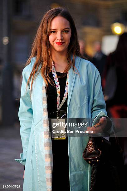 Fashion student Daisy poses wearing an assortment of vintage clothing at Somerset House during London Fashion Week F/W 2013 on February 18, 2013 in...