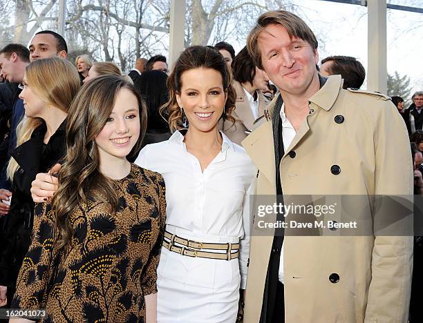 Lily Mo Sheen, Kate Beckinsale and Tom Hooper attend the Burberry Prorsum Autumn Winter 2013 Womenswear Show at Kensington Gardens on February 18,...