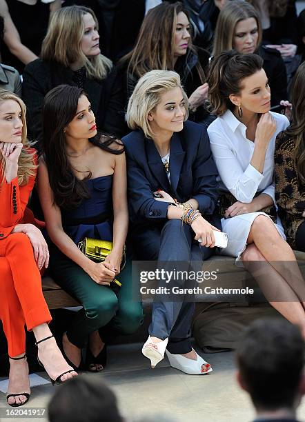 Rosie Huntington-Whiteley, Freida Pinto, Rita Ora and Kate Beckinsale sit in the front row for the Burberry Prorsum Autumn Winter 2013 Womenswear...
