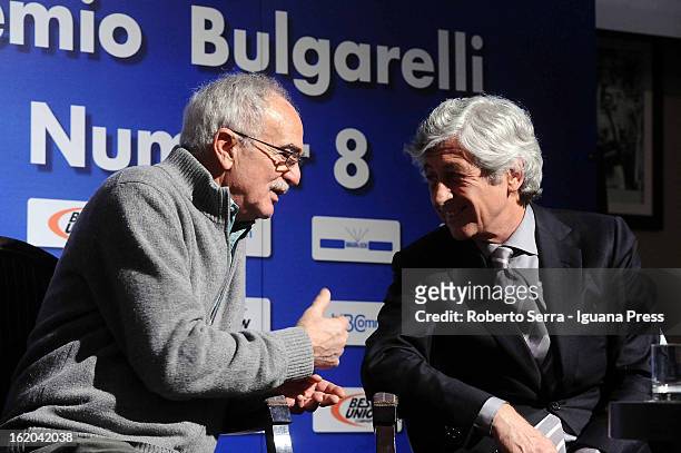 Former players Sandro Mazzola of Inter and Gianni Rivera of Milan attend the Giacomo Bulgarelli Award at Hotel Savoy on February 18, 2013 in Bologna,...