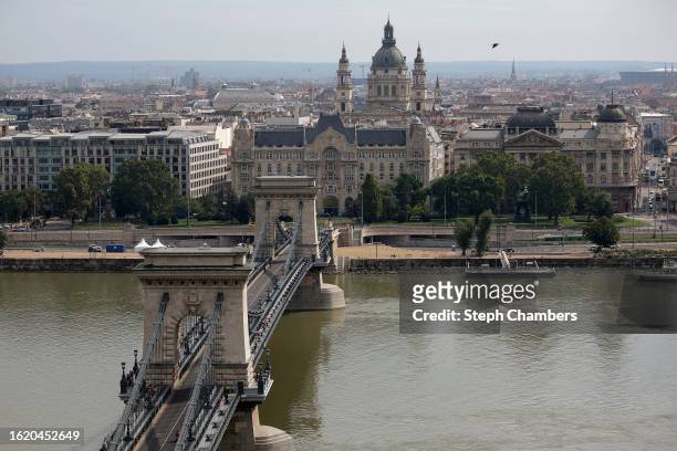 The Széchenyi Chain Bridge and St. Stephen's Basilica are seen ahead of the World Athletics Championships Budapest 2023 on August 17, 2023 in...