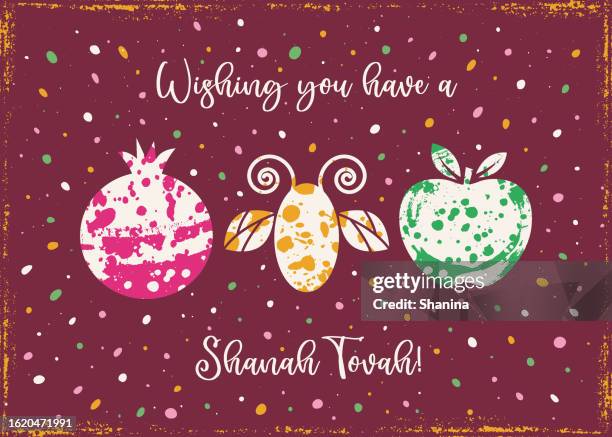 rosh hashanah paint marks greeting card - v1 - dark background - honey crisp apple stock illustrations