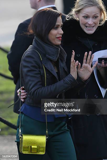 Frieda Pinto is pictured arriving at Burberry Prorsum during London Fashion Week on February 18, 2013 in London, England.