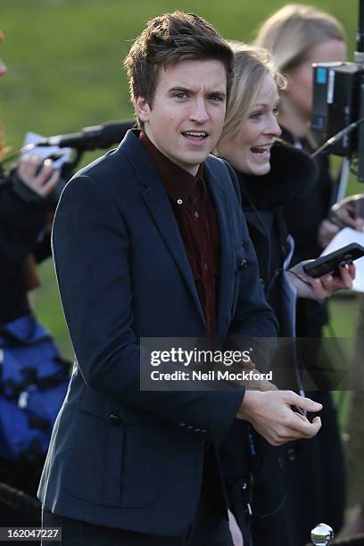 Greg James is pictured arriving at Burberry Prorsum during London Fashion Week on February 18, 2013 in London, England.