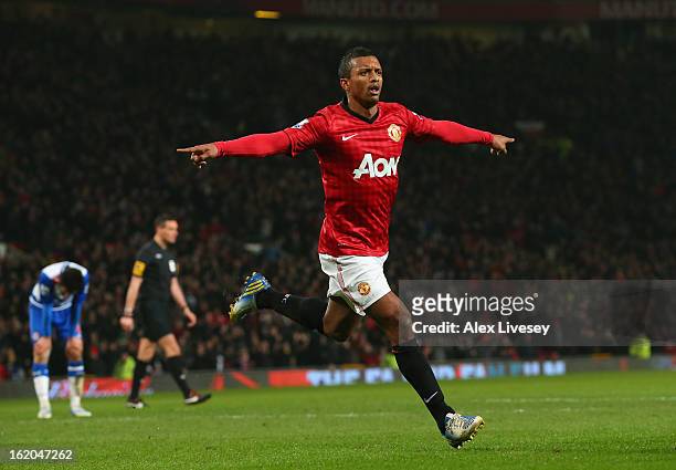 Nani of Manchester United celebrates after scoring the opening goal during the FA Cup Fifth Round match between Manchester United and Reading at Old...