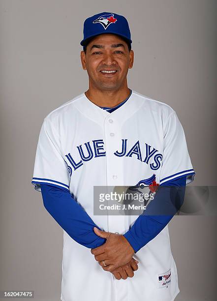 Third base coach Luis Rivera of the Toronto Blue Jays poses for a photo during photo day at Florida Auto Exchange Stadium on February 18, 2013 in...