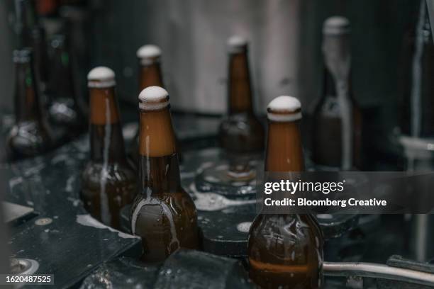 bottles of beer on a production line - bierflaschen fließband stock-fotos und bilder