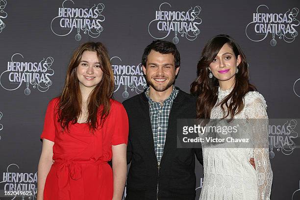 Actresss Alice Englert, actor Alden Ehrenreich and actress Emmy Rossum attend the "Beautiful Creatures" Mexico City photocall at St Regis Hotel on...