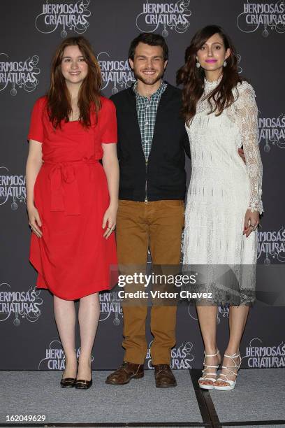 Actresss Alice Englert, actor Alden Ehrenreich and actress Emmy Rossum attend the "Beautiful Creatures" Mexico City photocall at St Regis Hotel on...