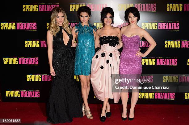 Ashley Benson, Selena Gomez, Vanessa Hudgens and Rachel Korine attend 'Spring Breakers' Paris Premiere at Le Grand Rex on February 18, 2013 in Paris,...