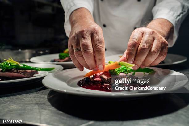 chef preparing roasted venison at the pass. - tournedos stock pictures, royalty-free photos & images