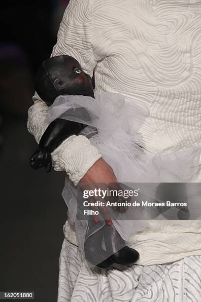 Model walks the runway at the Fashion East show during London Fashion Week Fall/Winter 2013/14 at TopShop Show Space on February 18, 2013 in London,...