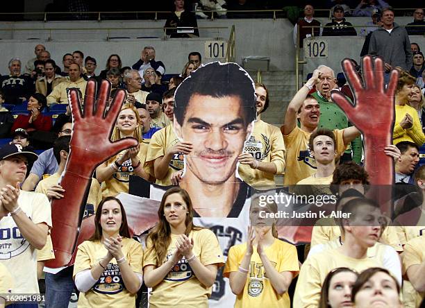 The Oakland Zoo cheers during the game against the Notre Dame Fighting Irish at Petersen Events Center on February 18, 2013 in Pittsburgh,...