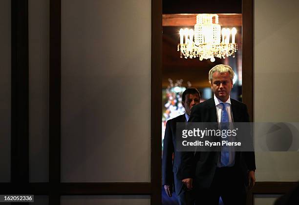 Dutch far-right politician and the founder and leader of the Party for Freedom Geert Wilders arrives to speak to the media on February 19, 2013 in...