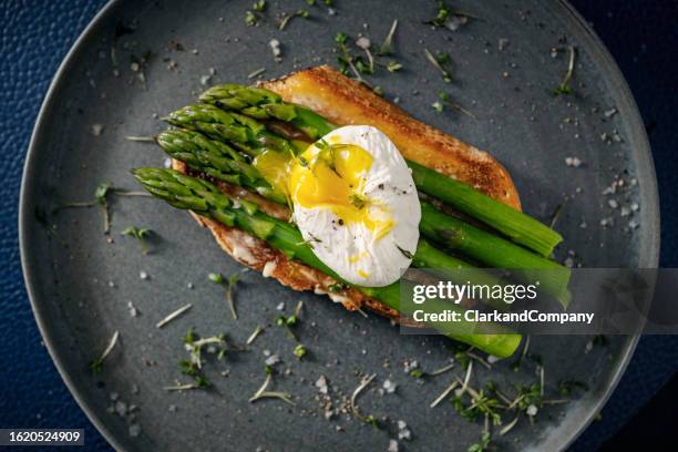eggs benedict with asparagus on toasted bread. - asparagus stock pictures, royalty-free photos & images