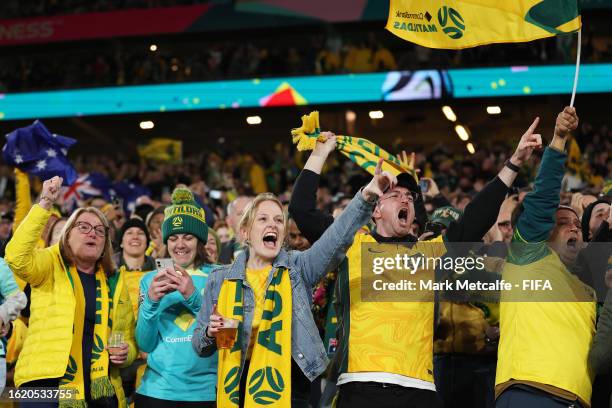 Australia fans celebrate the team's first goal scored by Sam Kerr during the FIFA Women's World Cup Australia & New Zealand 2023 Semi Final match...